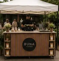 BUNA cart with fluted wood slats under a pop-up tent